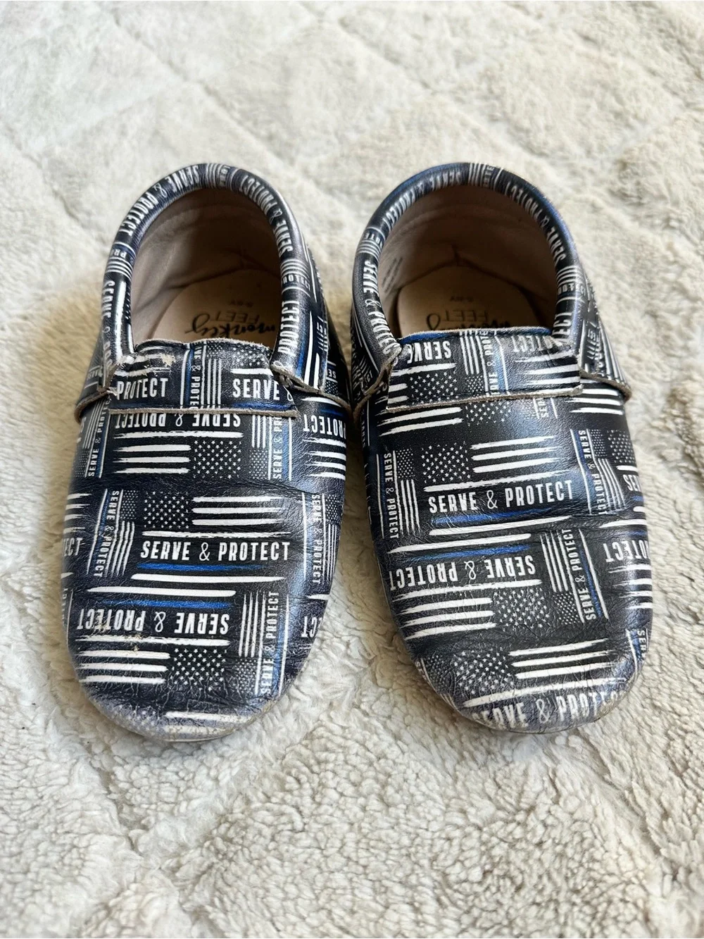 Monkey Feet | Thin Blue Line Serve and Protect Moccasins | Size 5-6Y